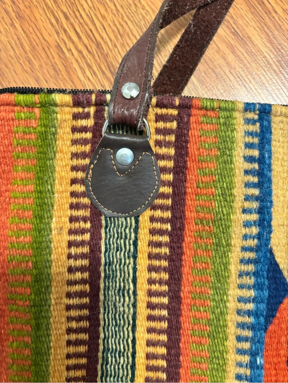 Boho Striped Woven Tote Bag with Leather Straps - Multicolor - Picture 4 of 8